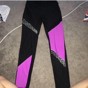 Purple, black, mesh and reflective leggings